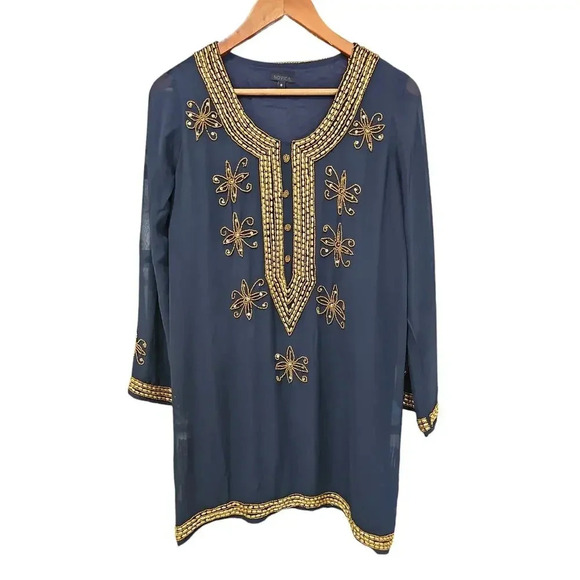 Novica Hand Embroidered Beads Semi-Sheer Dazzle Tunic Navy Size S - Picture 5 of 11